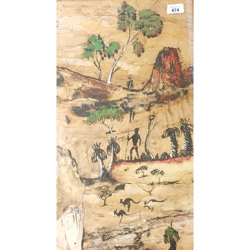 674 - Aborigine painting/mixed media on tree bark, unsigned [60x36cm]