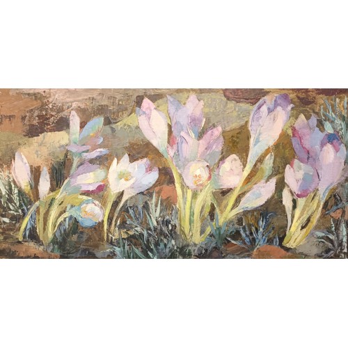 678 - Oil on board depicting crocuses, Signed Anne Carrick [51x90cm]