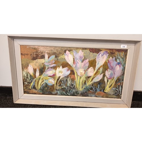 678 - Oil on board depicting crocuses, Signed Anne Carrick [51x90cm]