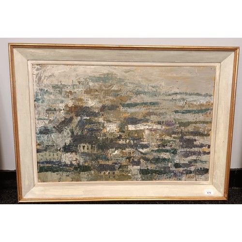 679 - Framed oil on canvas depicting coastal village scene, Signed  MNP '62. [6x90cm]