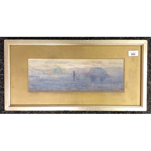 680 - Watercolour depicting a boat on a loch, Signed Gordon Story [28x26cm]