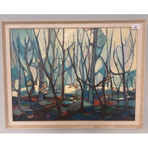 681 - Oil on board depicting woodlands, done in a mid century era style, Signed [unreadable][51x67cm]