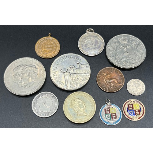 510 - A Selection of mixed coins to include two silver and enamel 1887 coins. 1816 Silver Geroge III Coin ... 