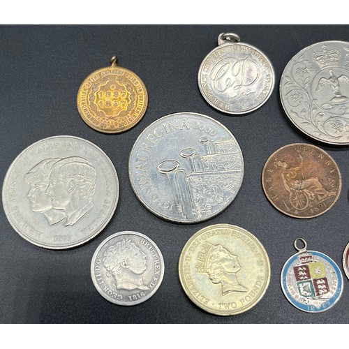 510 - A Selection of mixed coins to include two silver and enamel 1887 coins. 1816 Silver Geroge III Coin ... 