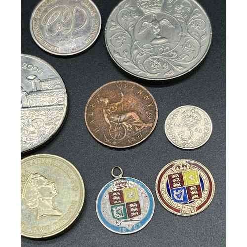 510 - A Selection of mixed coins to include two silver and enamel 1887 coins. 1816 Silver Geroge III Coin ... 