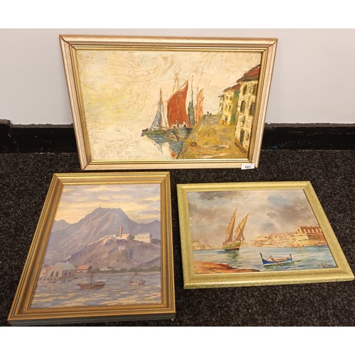 683 - 3 oil on boards depicting various boat scenes [36x50cm]