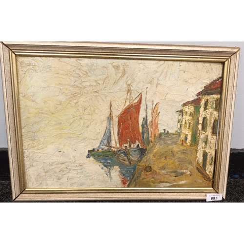 683 - 3 oil on boards depicting various boat scenes [36x50cm]