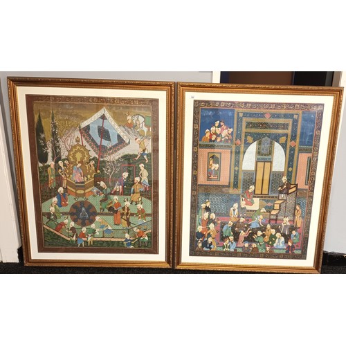 686 - 2 large framed Asian paintings on silk depicting different stories.
[126x103cm]