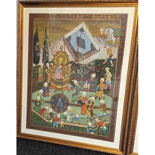 686 - 2 large framed Asian paintings on silk depicting different stories.
[126x103cm]