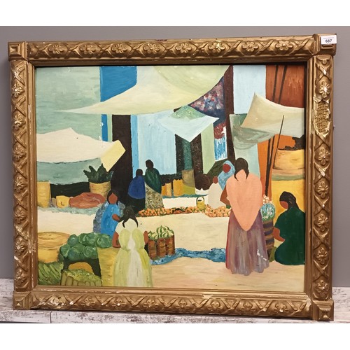 687 - Oil on board depicting village scene, Signed GH '85.
[80x90cm]