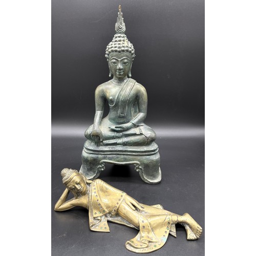 543 - Antique Chinese bronze buddha deity- green patina and signs of original gold leaf. [30cm high] [As f... 