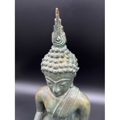 543 - Antique Chinese bronze buddha deity- green patina and signs of original gold leaf. [30cm high] [As f... 