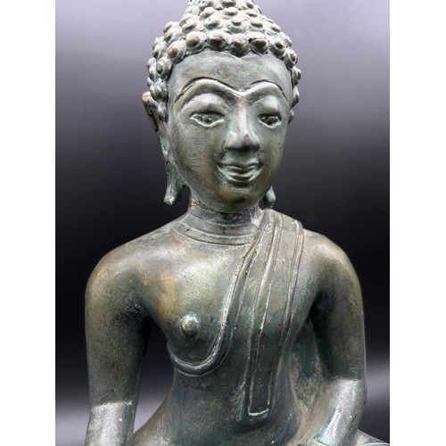 543 - Antique Chinese bronze buddha deity- green patina and signs of original gold leaf. [30cm high] [As f... 