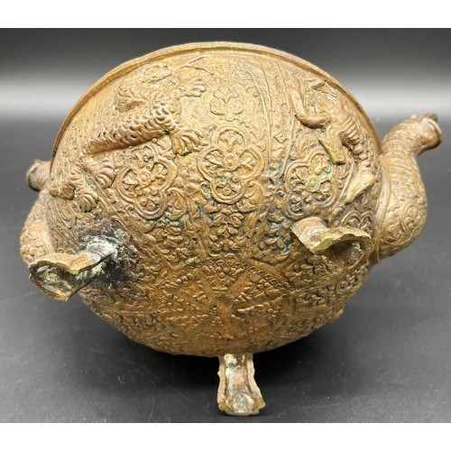 545 - Antique Asian highly decorated bronze censor burning pot. [15x23x17cm]