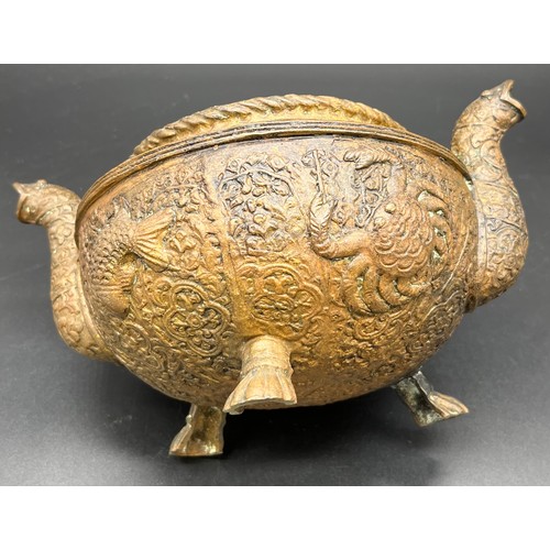 545 - Antique Asian highly decorated bronze censor burning pot. [15x23x17cm]