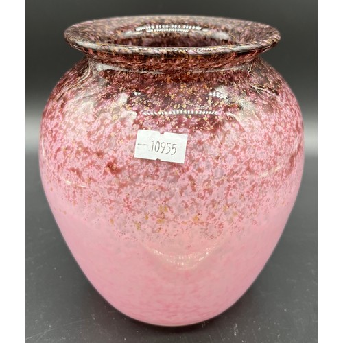 591 - Monart Art Glass pink, black and gold speckle vase together with an Art Glass yellow, orange and gre... 