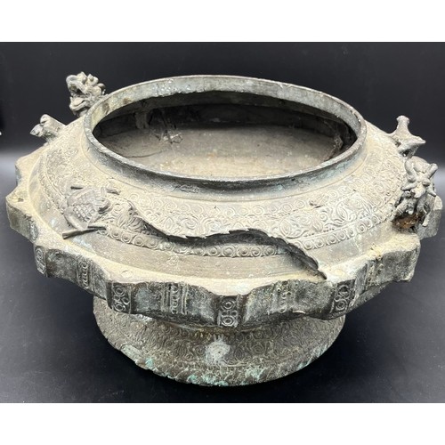 596 - Antique heavy bronze Asian inspired burning censor pot. Designed with raised relief dragon, toad and... 