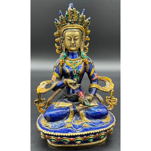 597 - 20th century Chinese brass worked and cloisonne enamel buddha deity sculpture. [20.5cm high]