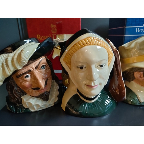 835 - A collection of Royal doulton Toby character jugs includes punch and Judy , pearly queen , Scaramouc... 