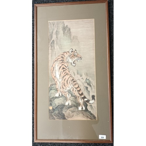 688 - Chinese Framed hand painted panel on a screen depicting a tiger, signed [84x45cm]