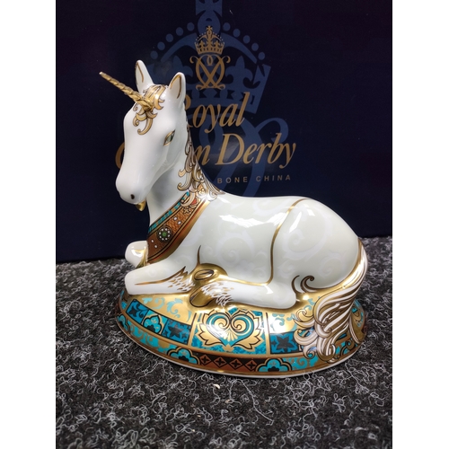 862 - Large Royal crown Derby unicorn paperweight with stopper and box