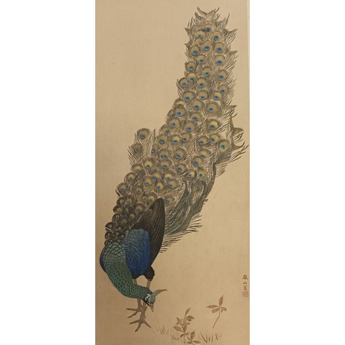 698 - Chinese block print with highly detailed afterwork depicting a peacock [53x33cm]