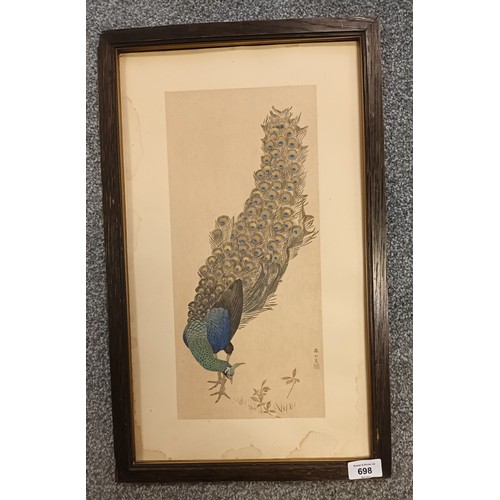 698 - Chinese block print with highly detailed afterwork depicting a peacock [53x33cm]