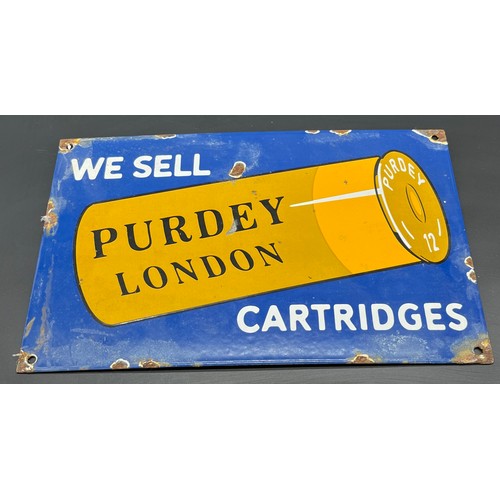 526 - Vintage Enamel gun ammo advertising sign. 'We Sell Purdey London Cartridges' [20.3x30.2cm]