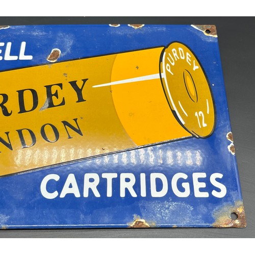 526 - Vintage Enamel gun ammo advertising sign. 'We Sell Purdey London Cartridges' [20.3x30.2cm]