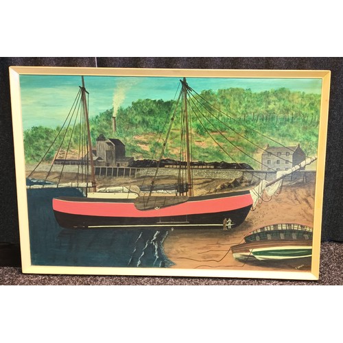 885 - Large oil on board depicting harbour scene with large boat signed T Walsh. [65x94cm]