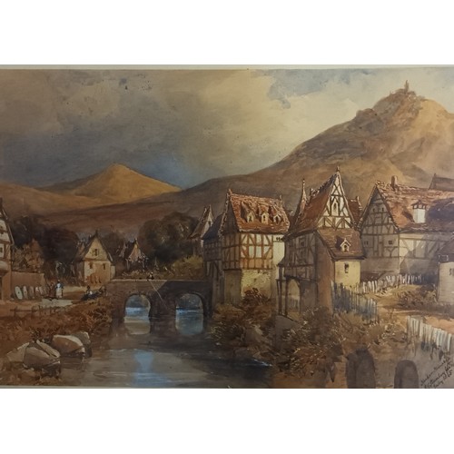 738 - Framed watercolour depicting village and mountains, signed E.J.Stanley '1845.
[48x58cm]