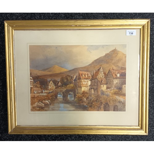 738 - Framed watercolour depicting village and mountains, signed E.J.Stanley '1845.
[48x58cm]