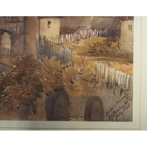 738 - Framed watercolour depicting village and mountains, signed E.J.Stanley '1845.
[48x58cm]