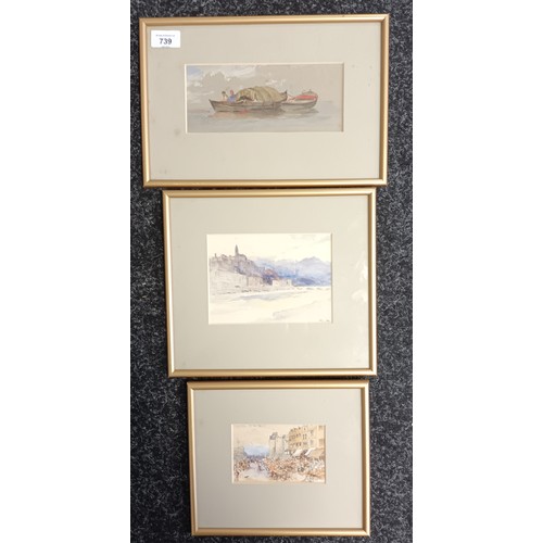 739 - Three framed watercolours depicting various scenes to include riverboat.