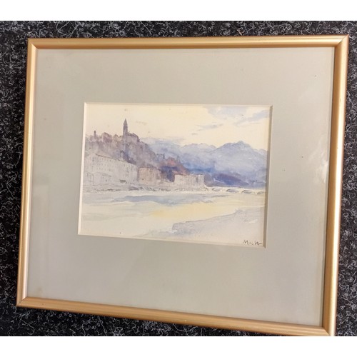 739 - Three framed watercolours depicting various scenes to include riverboat.