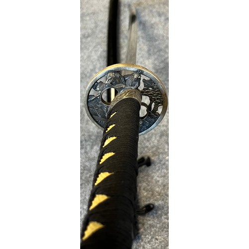 820 - Replica display samurai sword with black lacquered scabbard.