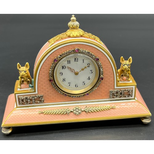 525 - In the Manner of Faberge, Antique silver and enamel clock, silver gilt and salmon pink enamel body. ... 