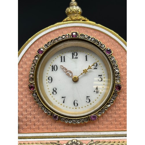 525 - In the Manner of Faberge, Antique silver and enamel clock, silver gilt and salmon pink enamel body. ... 