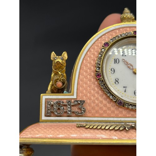 525 - In the Manner of Faberge, Antique silver and enamel clock, silver gilt and salmon pink enamel body. ... 