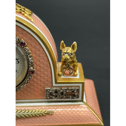 525 - In the Manner of Faberge, Antique silver and enamel clock, silver gilt and salmon pink enamel body. ... 