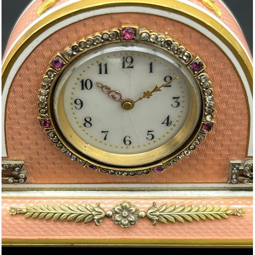 525 - In the Manner of Faberge, Antique silver and enamel clock, silver gilt and salmon pink enamel body. ... 