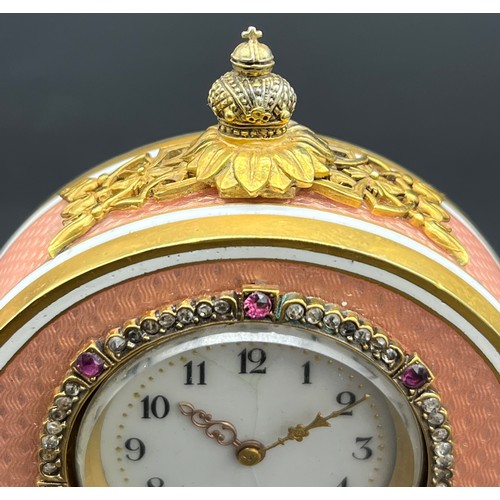 525 - In the Manner of Faberge, Antique silver and enamel clock, silver gilt and salmon pink enamel body. ... 