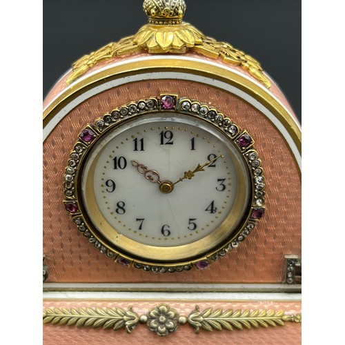 525 - In the Manner of Faberge, Antique silver and enamel clock, silver gilt and salmon pink enamel body. ... 