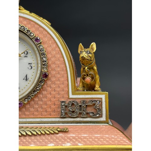 525 - In the Manner of Faberge, Antique silver and enamel clock, silver gilt and salmon pink enamel body. ... 