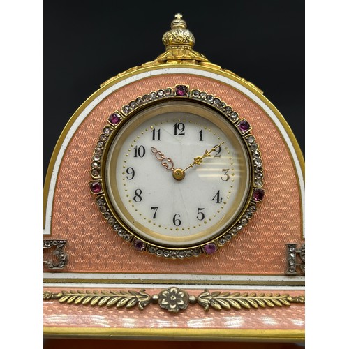 525 - In the Manner of Faberge, Antique silver and enamel clock, silver gilt and salmon pink enamel body. ... 