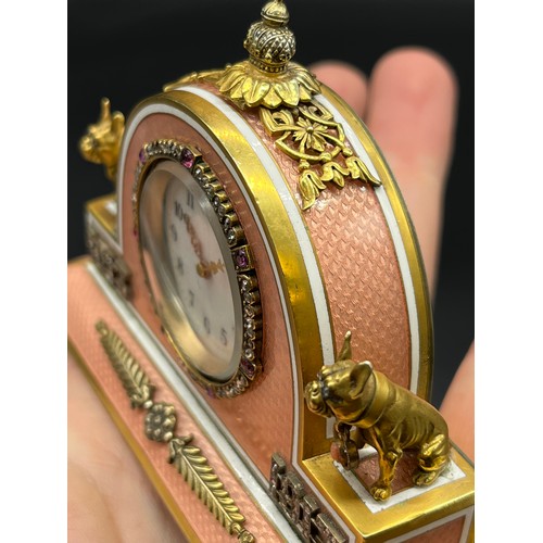 525 - In the Manner of Faberge, Antique silver and enamel clock, silver gilt and salmon pink enamel body. ... 