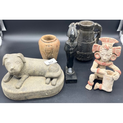 617 - A Lot of old collectables to include hand carved stone worked dog laying down, Egyptian terracotta v... 