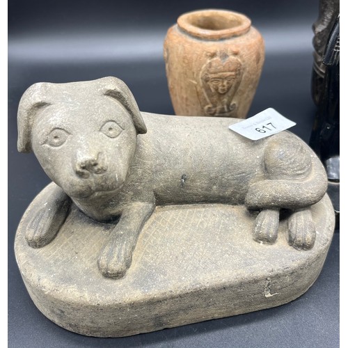 617 - A Lot of old collectables to include hand carved stone worked dog laying down, Egyptian terracotta v... 