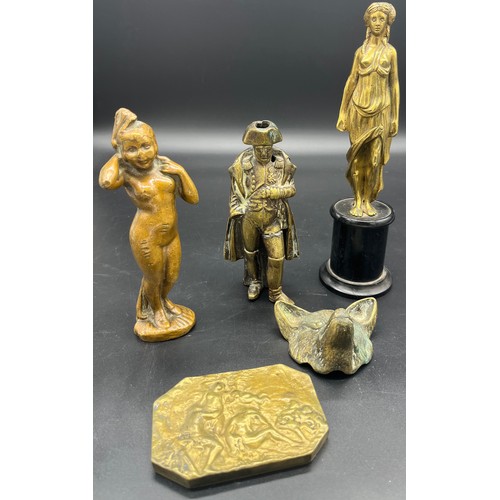 619 - A Selection of antique bronze and brass sculptures to include bronze renaissance paperweight plaque,... 