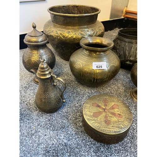 625 - A Selection of Indian brass wares to include planters, Urn vases with lids, Bulbous heavy worked vas... 